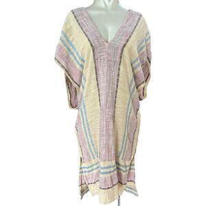 FREE PEOPLE Pullover Tunic Top Dress Large V Neck Stripe Naturecore Beach Boho‎